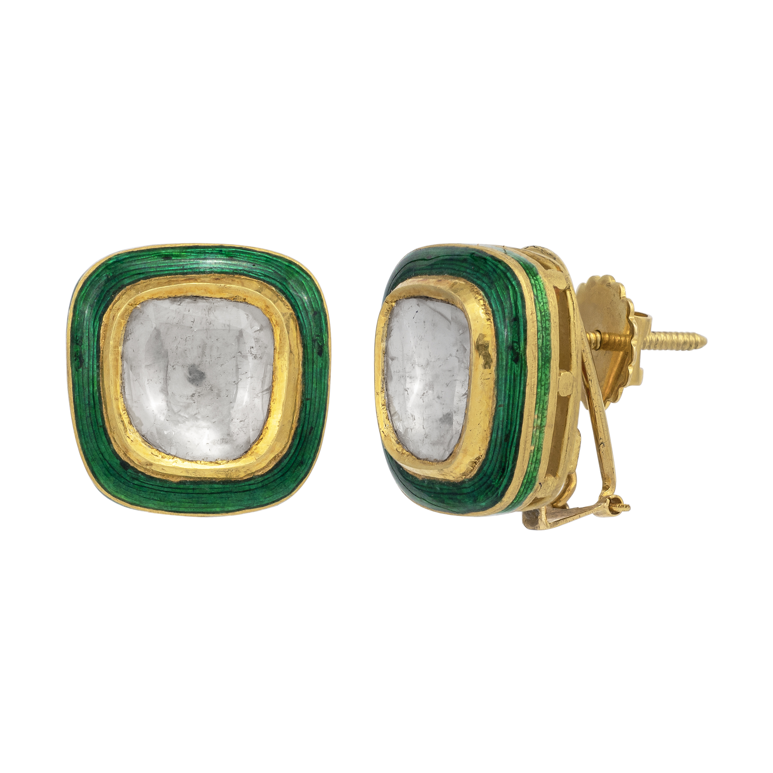 Square Polki Studs with Green Enamel Highlights